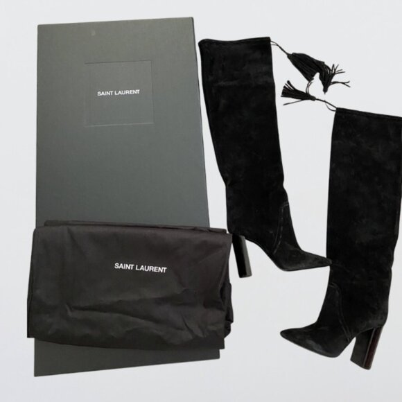Saint Laurent YSL Meurice 105 Thigh High Boots Tassel Suede Leather Black W 37.5 - Picture 1 of 16